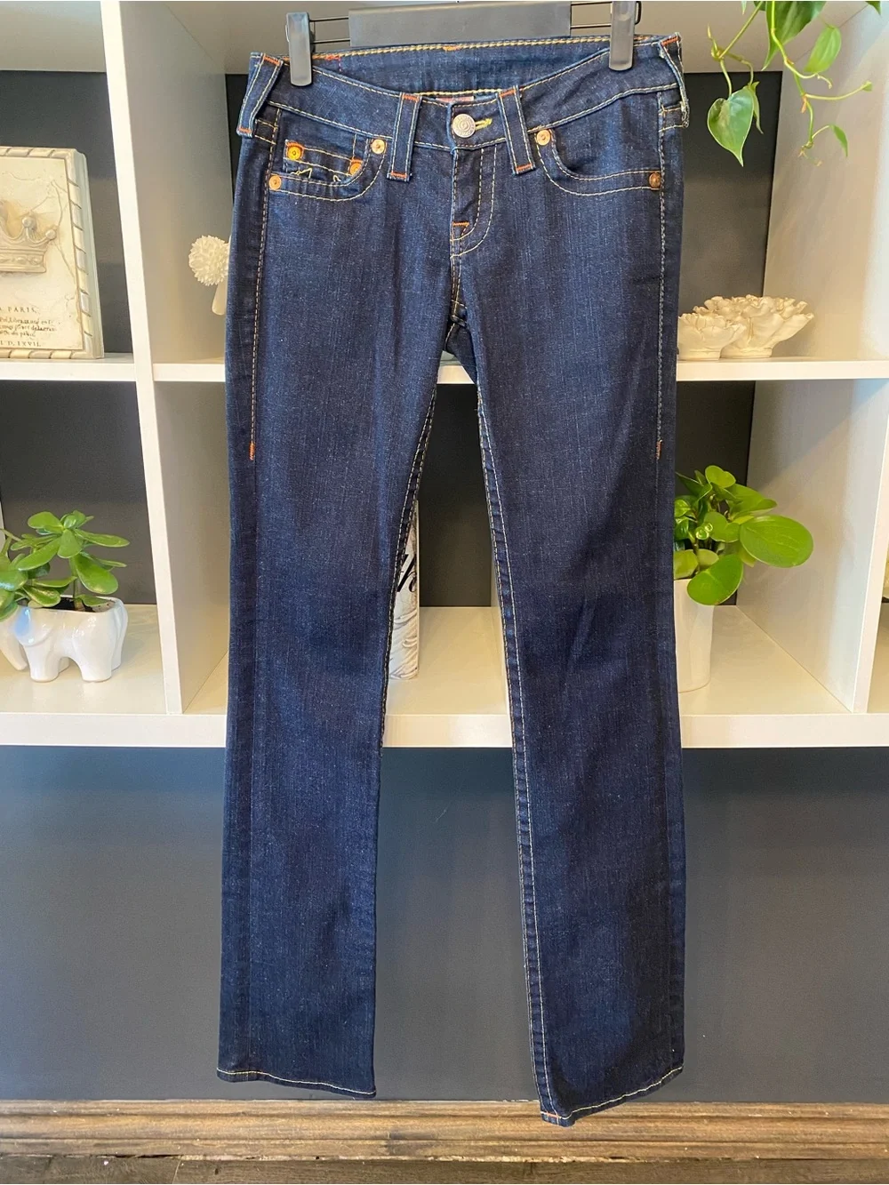 True Religion Women's Dark Blue Flare Jeans with Contrast Stitching - Picture 6 of 7